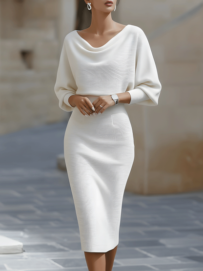 Elegant Cowl Neck Midi Dress for Women with Batwing Sleeve Fitted Silhouette Formal Wedding Guest Style