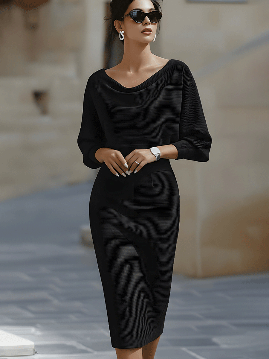 Elegant Cowl Neck Midi Dress for Women with Batwing Sleeve Fitted Silhouette Formal Wedding Guest Style