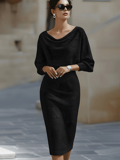 Elegant Cowl Neck Midi Dress for Women with Batwing Sleeve Fitted Silhouette Formal Wedding Guest Style