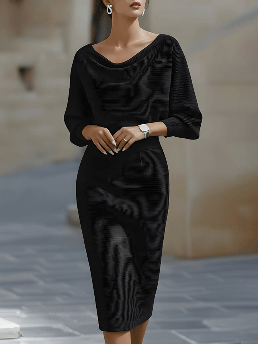 Elegant Cowl Neck Midi Dress for Women with Batwing Sleeve Fitted Silhouette Formal Wedding Guest Style