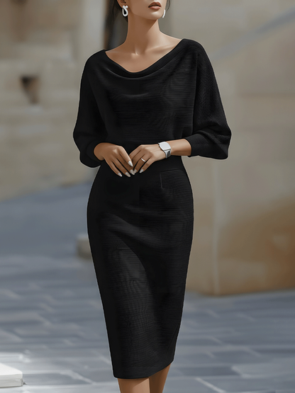 Elegant Cowl Neck Midi Dress for Women with Batwing Sleeve Fitted Silhouette Formal Wedding Guest Style