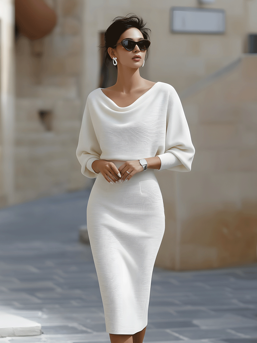 Elegant Cowl Neck Midi Dress for Women with Batwing Sleeve Fitted Silhouette Formal Wedding Guest Style