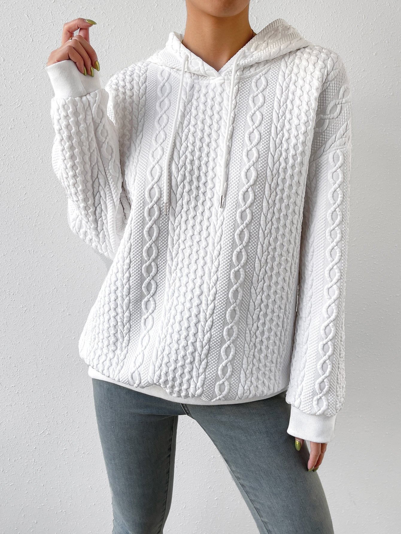 Comfortable Cable Knit Hoodie for Women with Drawstring Hood Long Sleeve Oversized Relaxed Style
