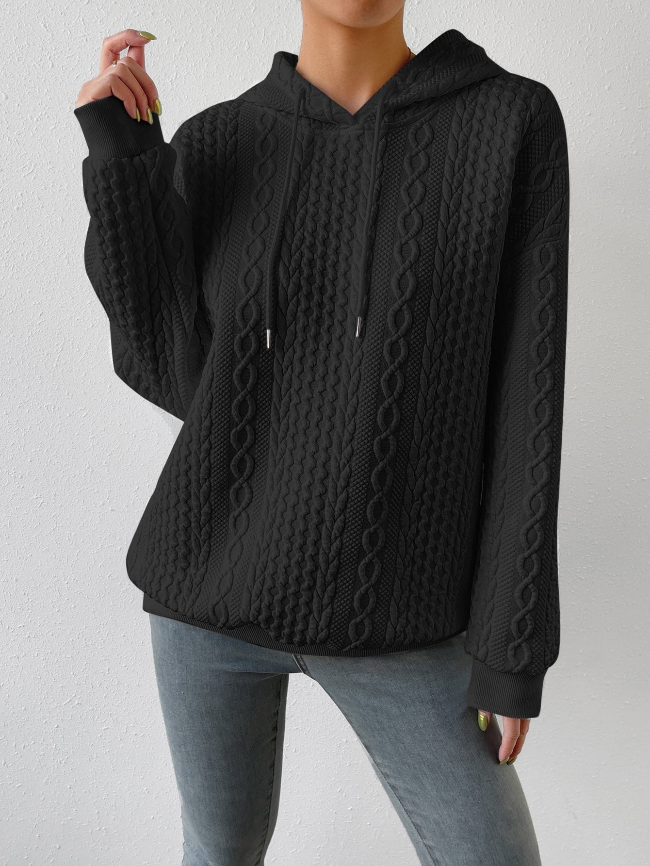 Comfortable Cable Knit Hoodie for Women with Drawstring Hood Long Sleeve Oversized Relaxed Style