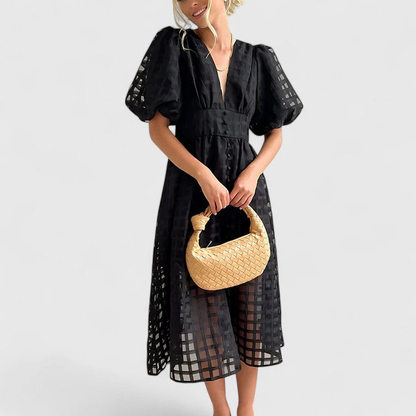Elegant Eyelet Midi Dress for Women with V Neck Puff Sleeve Formal Wedding Guest Style