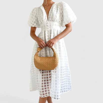 Elegant Eyelet Midi Dress for Women with V Neck Puff Sleeve Formal Wedding Guest Style