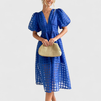 Elegant Eyelet Midi Dress for Women with V Neck Puff Sleeve Formal Wedding Guest Style