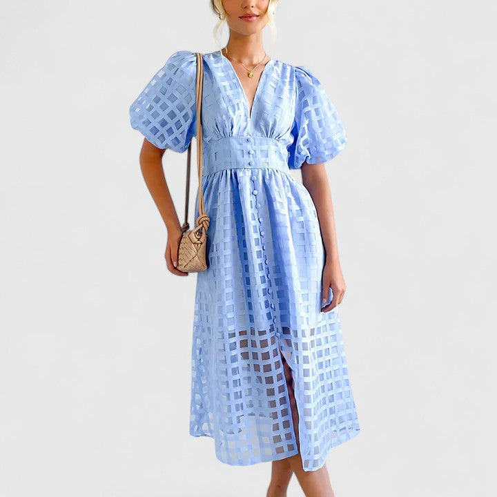 Elegant Eyelet Midi Dress for Women with V Neck Puff Sleeve Formal Wedding Guest Style