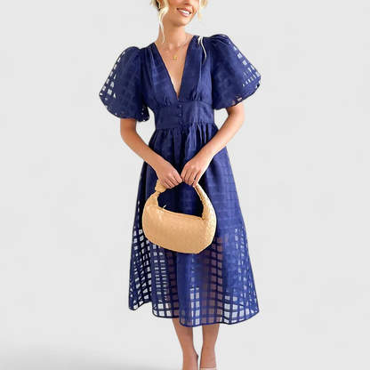 Elegant Eyelet Midi Dress for Women with V Neck Puff Sleeve Formal Wedding Guest Style