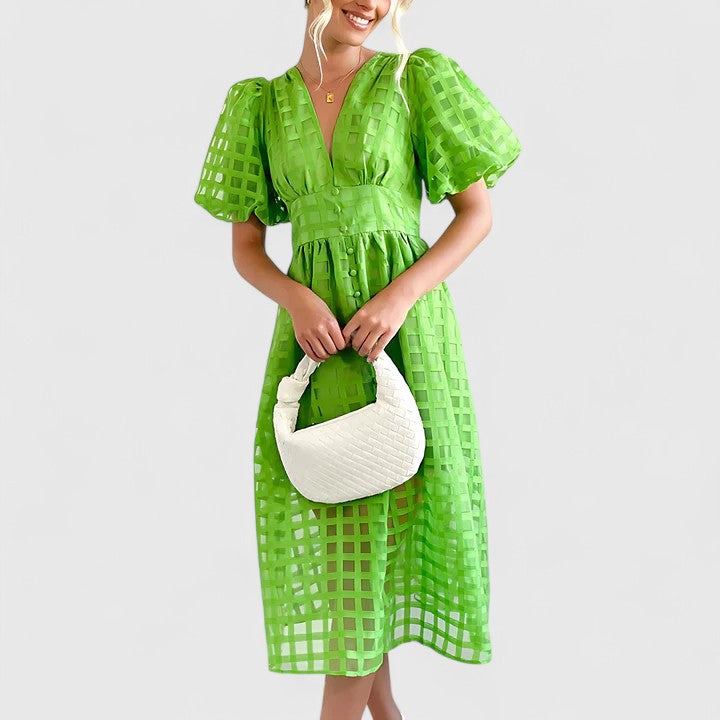 Elegant Eyelet Midi Dress for Women with V Neck Puff Sleeve Formal Wedding Guest Style