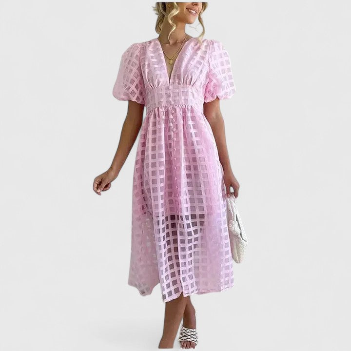 Elegant Eyelet Midi Dress for Women with V Neck Puff Sleeve Formal Wedding Guest Style