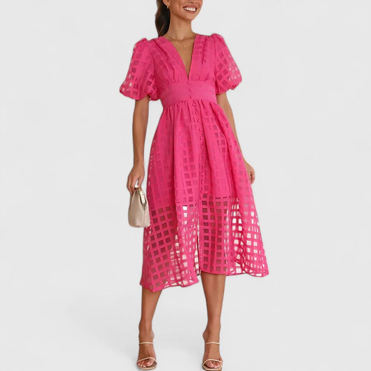 Elegant Eyelet Midi Dress for Women with V Neck Puff Sleeve Formal Wedding Guest Style