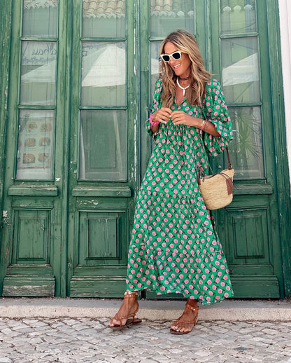 Effortless Floral Maxi Dress for Women with V Neck Bell Sleeve Tiered Flowing Bohemian Style