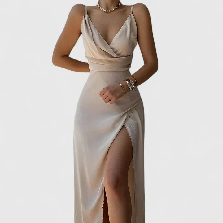 Elegant Satin Maxi Dress for Women with Cowl Neck Spaghetti Strap High Slit Formal Wedding Guest Style