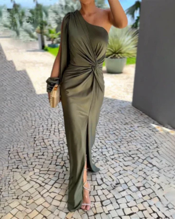 Elegant Olive Green Evening Dress for Women with One Shoulder Twist Front Side Slit