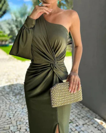 Elegant Olive Green Evening Dress for Women with One Shoulder Twist Front Side Slit