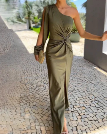 Elegant Olive Green Evening Dress for Women with One Shoulder Twist Front Side Slit