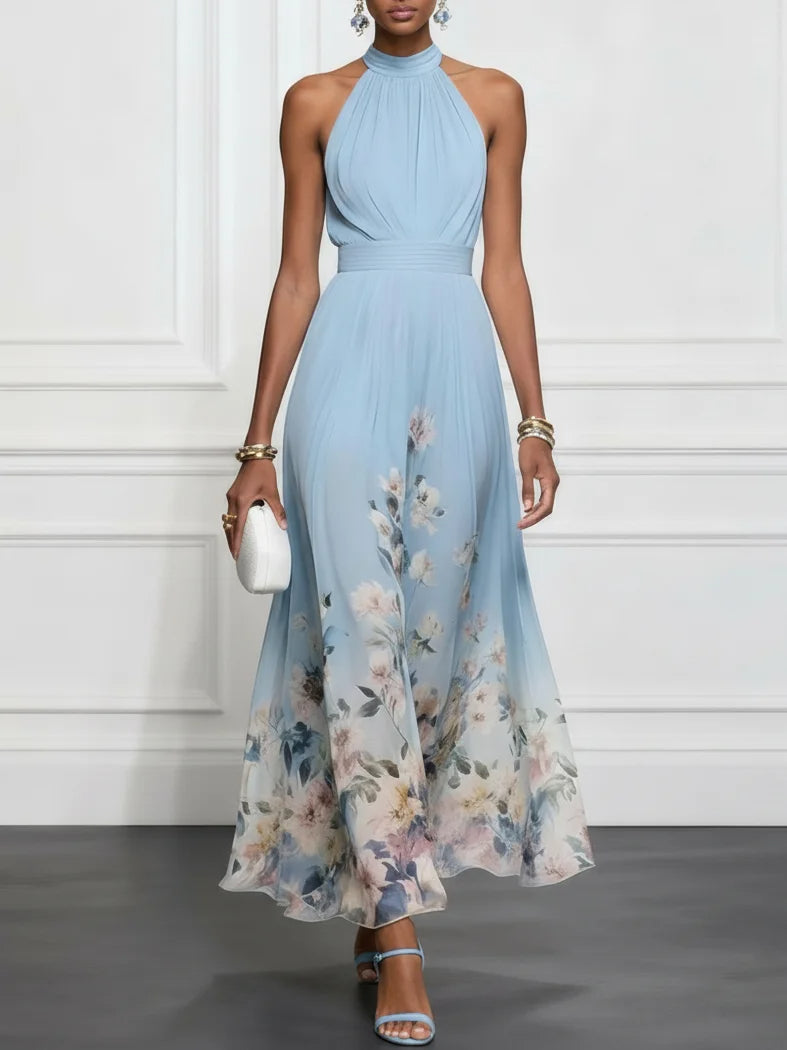Effortless Light Blue Floral Chiffon Maxi Dress for Women with Halter Neck Sleeveless Flowing Formal Wedding Guest Style