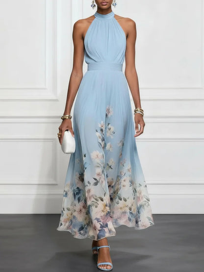 Effortless Light Blue Floral Chiffon Maxi Dress for Women with Halter Neck Sleeveless Flowing Formal Wedding Guest Style