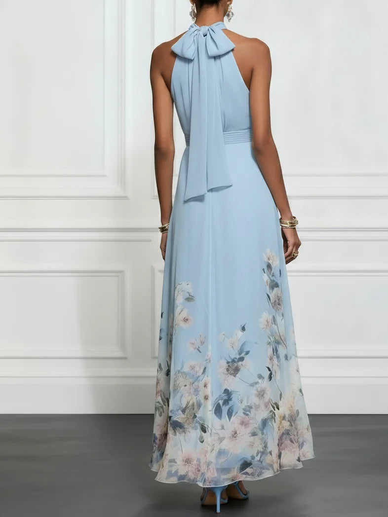 Effortless Light Blue Floral Chiffon Maxi Dress for Women with Halter Neck Sleeveless Flowing Formal Wedding Guest Style
