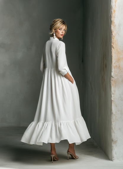 Effortless White Maxi Dress for Women with Stand Collar Button Placket Long Sleeve Tiered Linen Casual Style