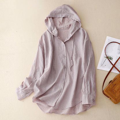 Effortless Linen Shirt for Women with Drawstring Hood Long Sleeve Button Front Relaxed Style