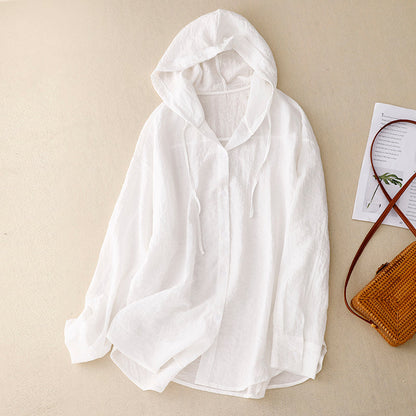 Effortless Linen Shirt for Women with Drawstring Hood Long Sleeve Button Front Relaxed Style