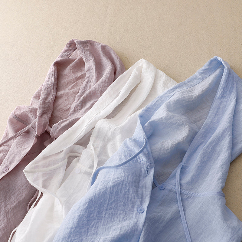 Effortless Linen Shirt for Women with Drawstring Hood Long Sleeve Button Front Relaxed Style