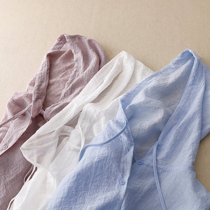 Effortless Linen Shirt for Women with Drawstring Hood Long Sleeve Button Front Relaxed Style