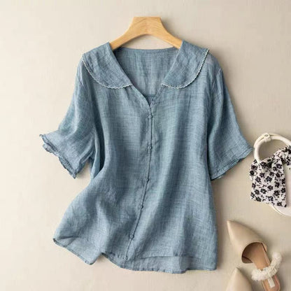 Effortless Linen Blouse for Women with Peter Pan Collar Short Sleeve Ruffle Cuff Relaxed Style