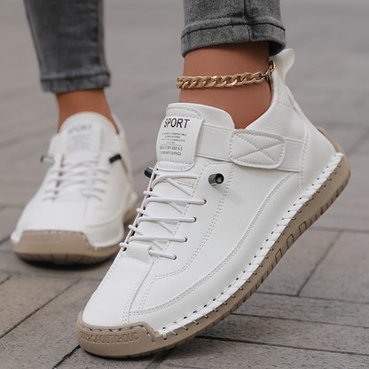 Effortless Leather Sneakers for Women with Lace Up Velcro Strap Hand Stitched Casual Style
