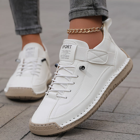 Effortless Leather Sneakers for Women with Lace Up Velcro Strap Hand Stitched Casual Style