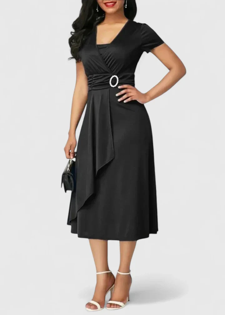 Elegant V Neck Maxi Dress for Women with Cap Sleeve Ruched Waist Formal Wedding Guest Style
