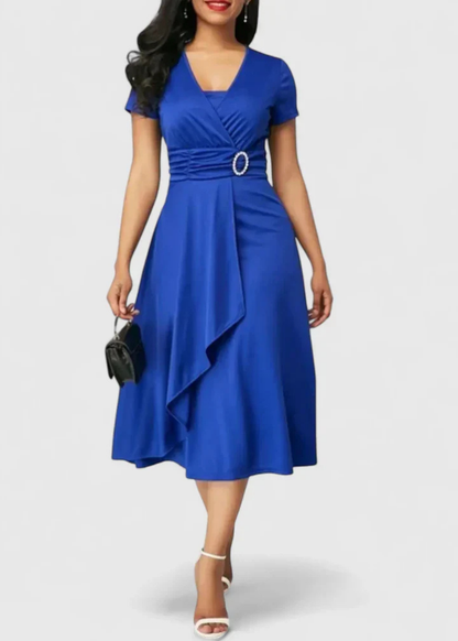 Elegant V Neck Maxi Dress for Women with Cap Sleeve Ruched Waist Formal Wedding Guest Style