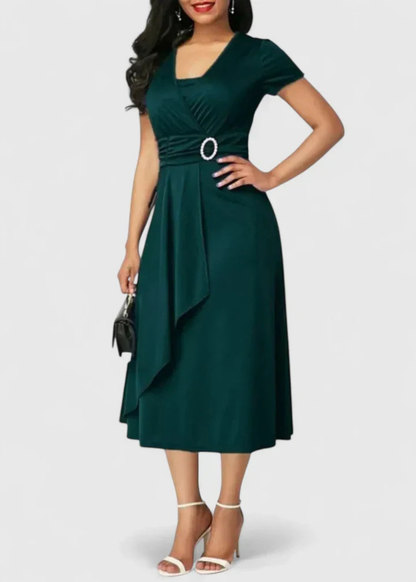 Elegant V Neck Maxi Dress for Women with Cap Sleeve Ruched Waist Formal Wedding Guest Style