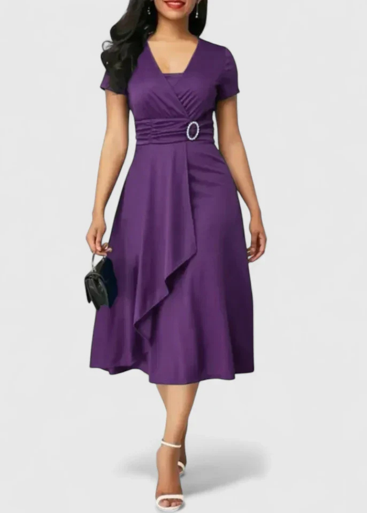 Elegant V Neck Maxi Dress for Women with Cap Sleeve Ruched Waist Formal Wedding Guest Style