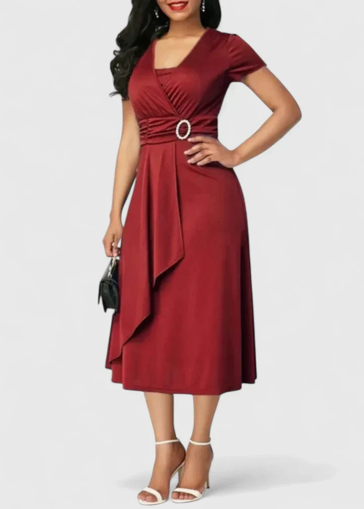 Elegant V Neck Maxi Dress for Women with Cap Sleeve Ruched Waist Formal Wedding Guest Style