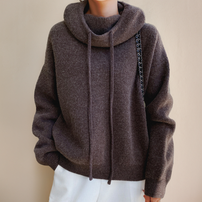Comfortable Knit Hoodie for Women with Cowl Neck Long Sleeve Oversized Drawstring Relaxed Style