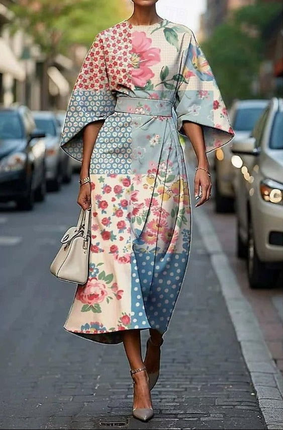 Elegant Floral Midi Dress for Women with Batwing Sleeve Wrap Waist Formal Wedding Guest Style