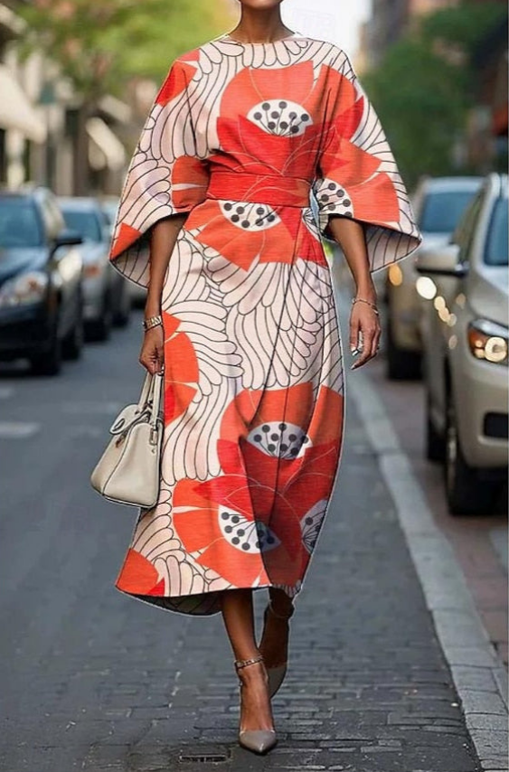 Elegant Floral Midi Dress for Women with Batwing Sleeve Wrap Waist Formal Wedding Guest Style