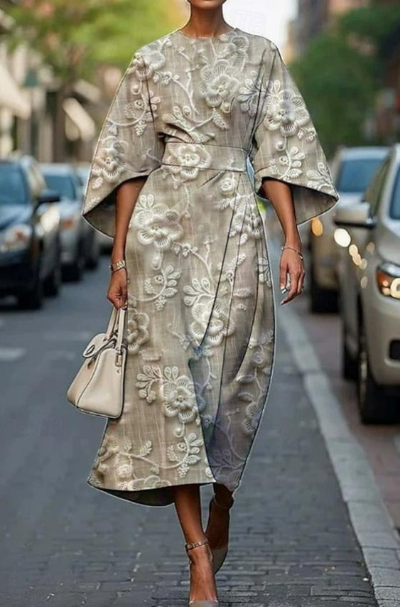 Elegant Floral Midi Dress for Women with Batwing Sleeve Wrap Waist Formal Wedding Guest Style