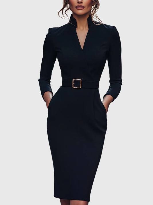 Elegant Cocktail Dress for Women with Deep V Neck Long Sleeve Belted Waist