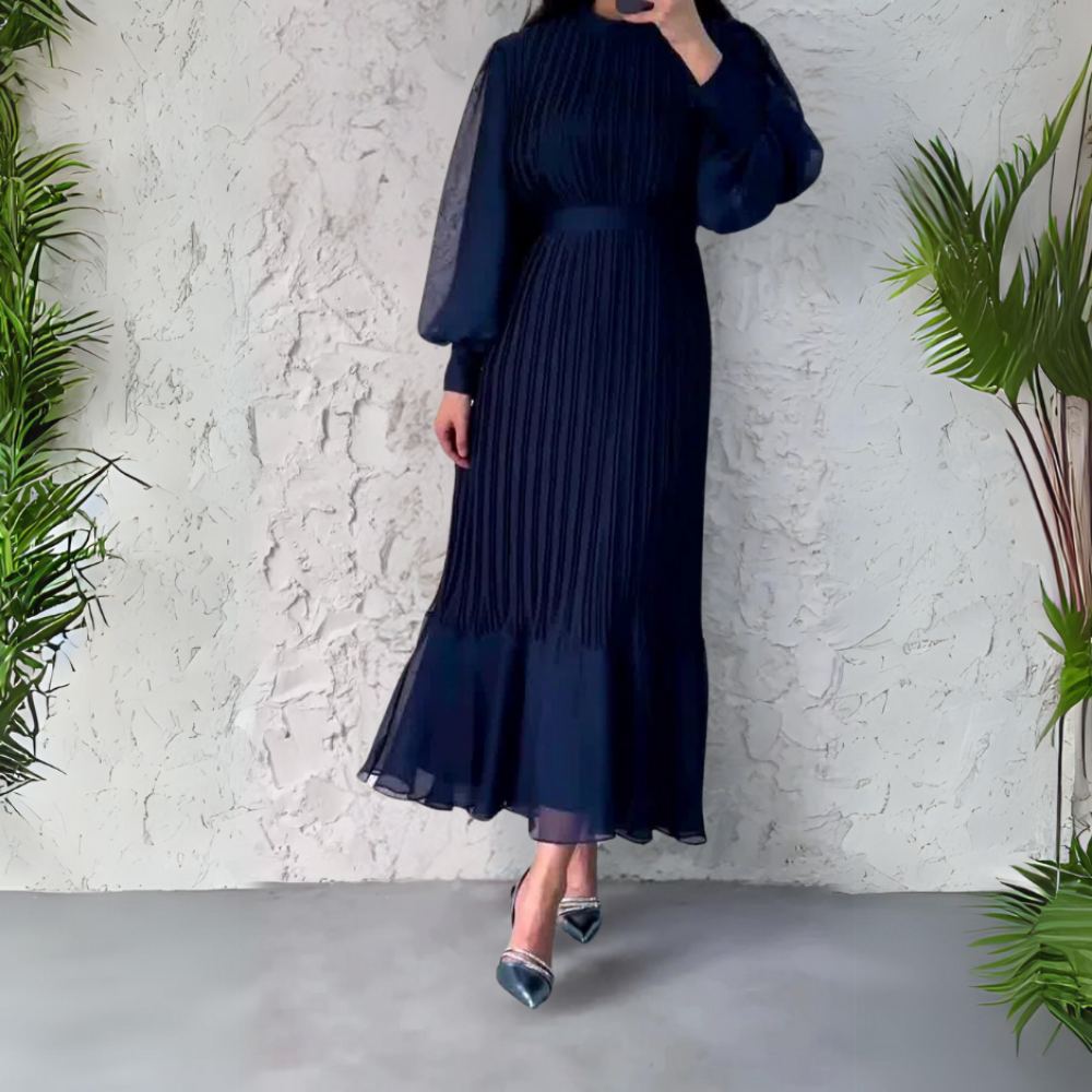 Elegant Pleated Maxi Dress for Women with V Neck Balloon Sleeve Tiered Hem Formal Wedding Guest Style