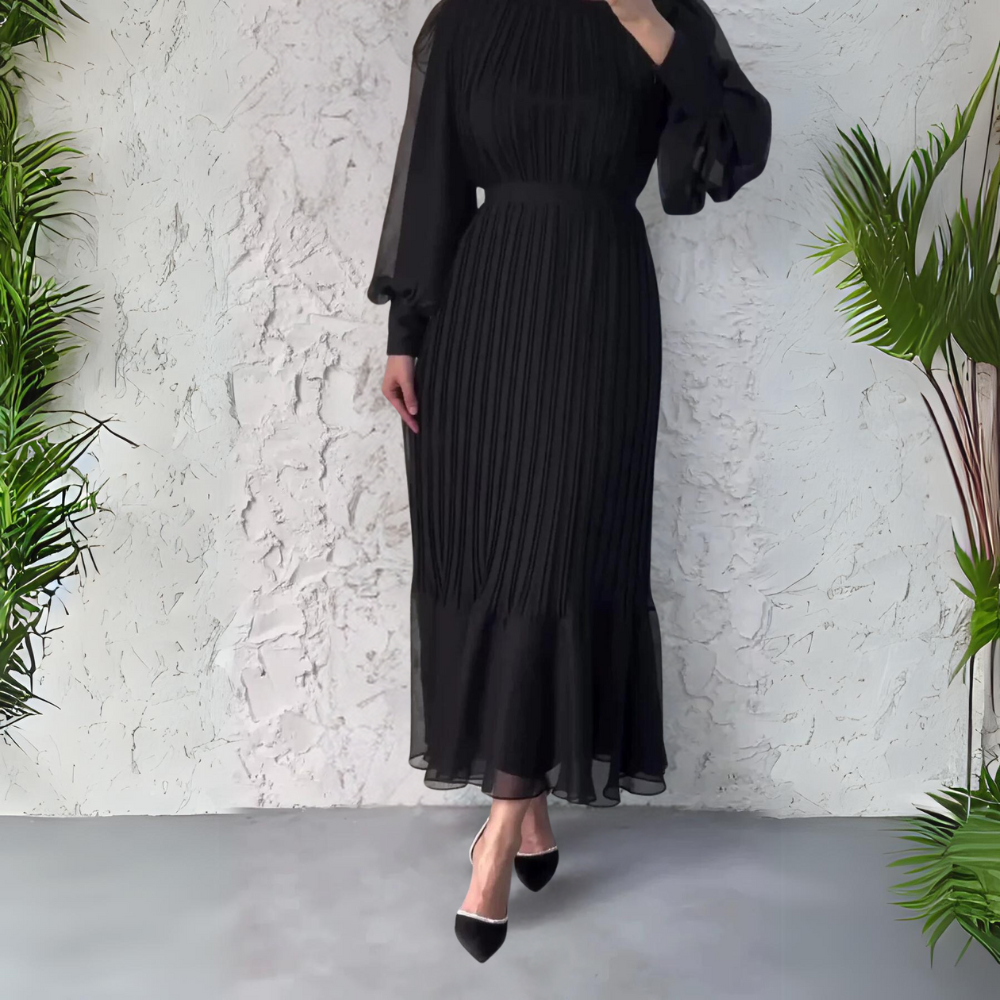Elegant Pleated Maxi Dress for Women with V Neck Balloon Sleeve Tiered Hem Formal Wedding Guest Style