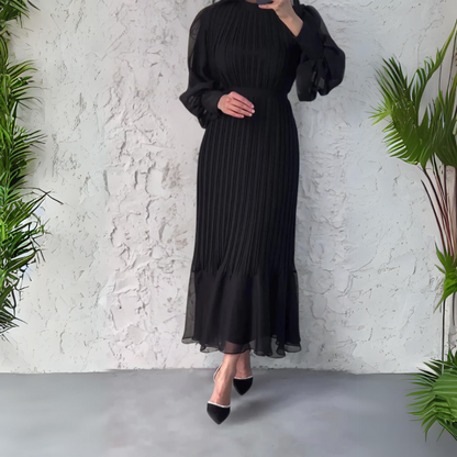 Elegant Pleated Maxi Dress for Women with V Neck Balloon Sleeve Tiered Hem Formal Wedding Guest Style