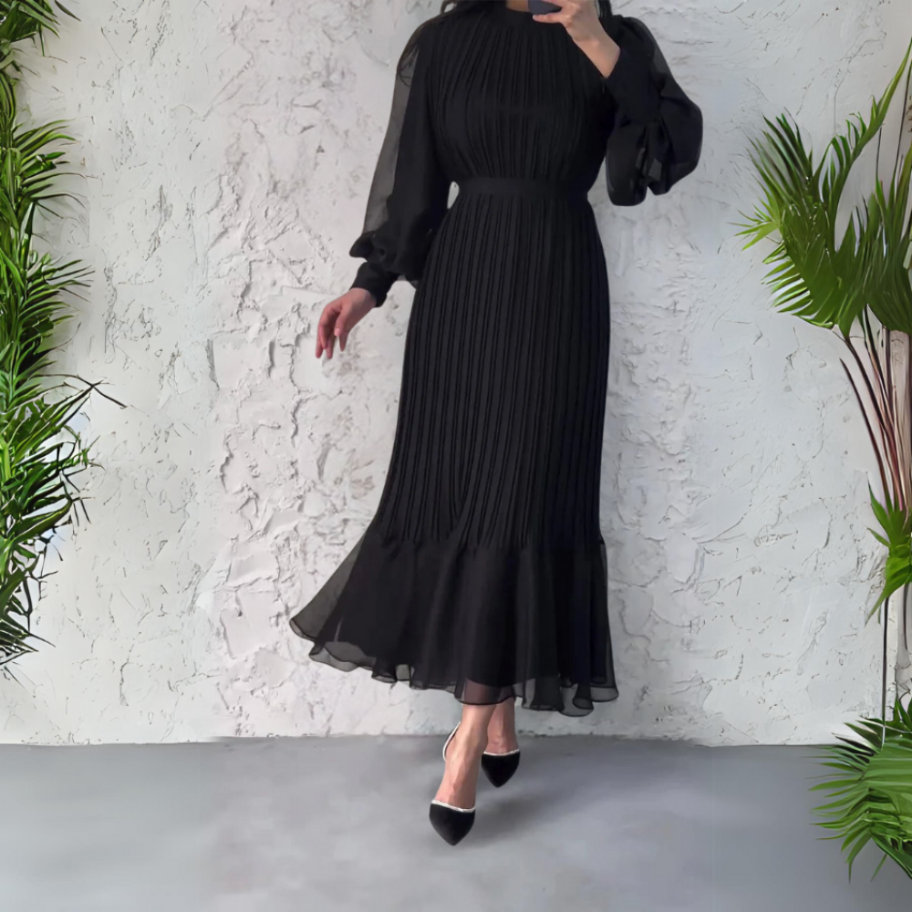 Elegant Pleated Maxi Dress for Women with V Neck Balloon Sleeve Tiered Hem Formal Wedding Guest Style