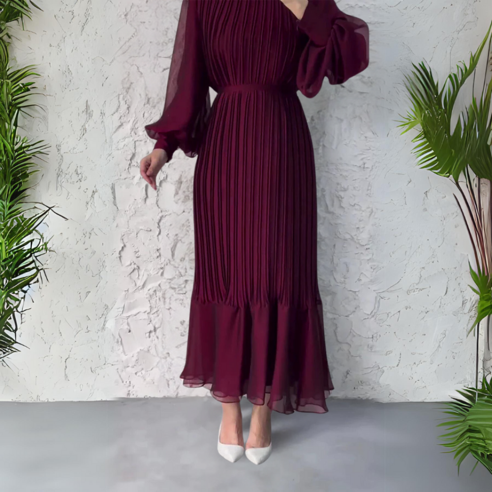 Elegant Pleated Maxi Dress for Women with V Neck Balloon Sleeve Tiered Hem Formal Wedding Guest Style
