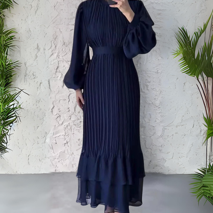 Elegant Pleated Maxi Dress for Women with V Neck Balloon Sleeve Tiered Hem Formal Wedding Guest Style