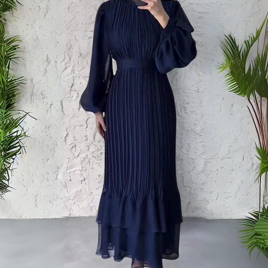 Elegant Pleated Maxi Dress for Women with V Neck Balloon Sleeve Tiered Hem Formal Wedding Guest Style