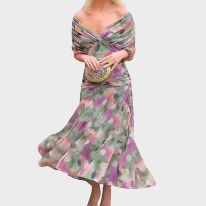Elegant Floral Maxi Dress for Women with Off Shoulder Draped Sleeve Mermaid Hem Formal Wedding Guest Style